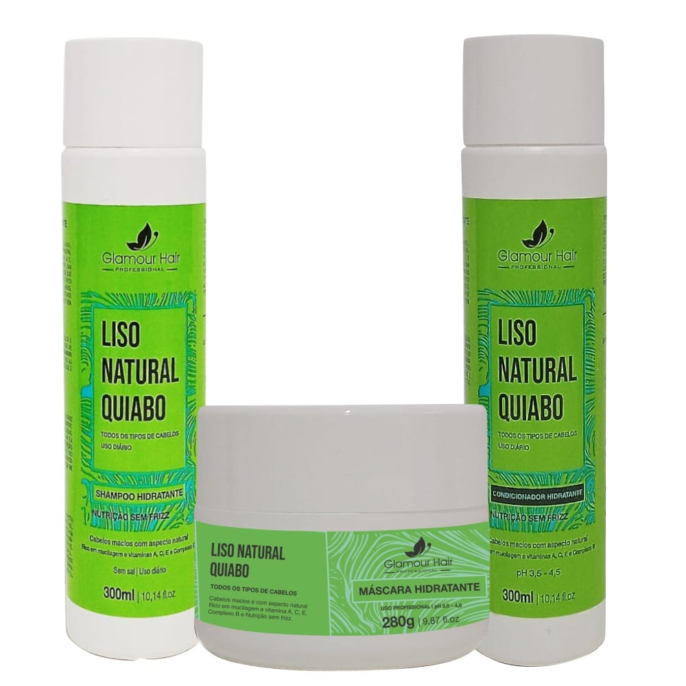 Kit Liso Natural Quiabo Shampoo Condicionador Máscara 300ml 280g Sem Frizz Brilho Espelhado