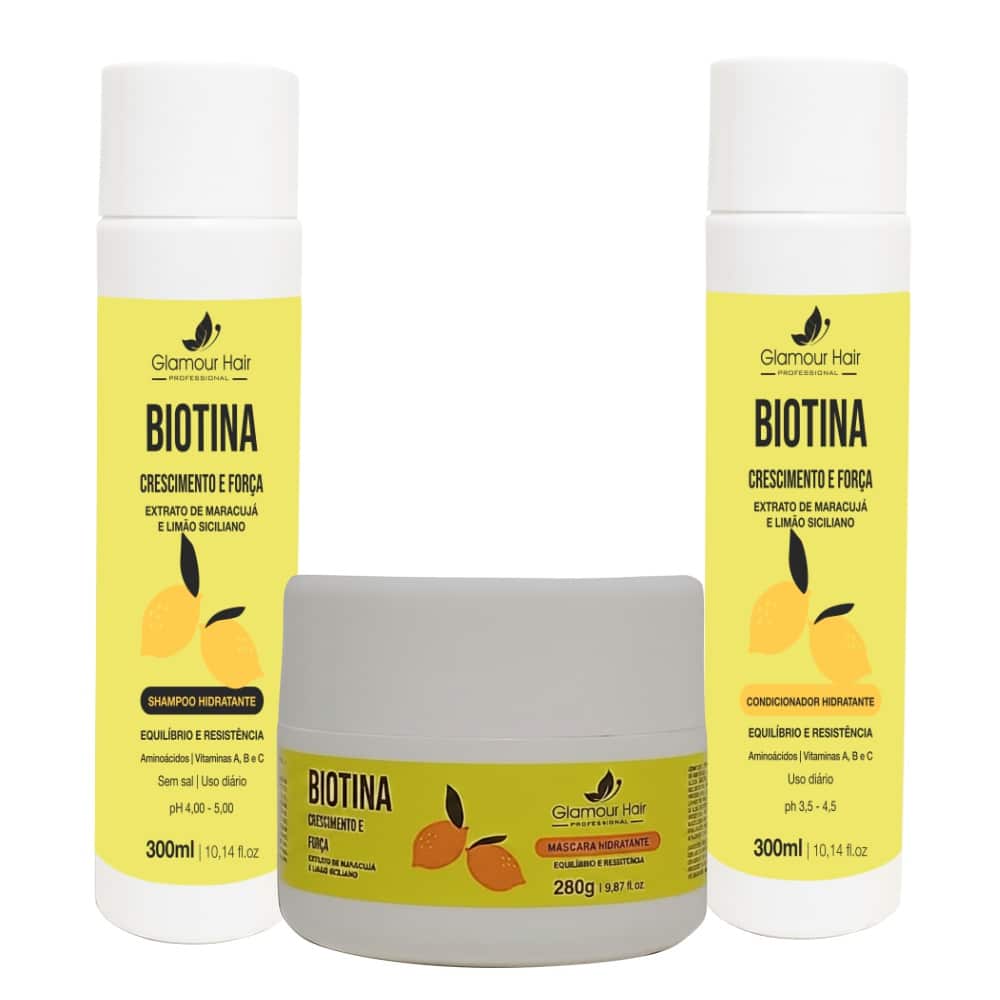 Kit Biotina Crescimento Força 300ml Shampoo Condicionador Máscara Karité Sem Sal